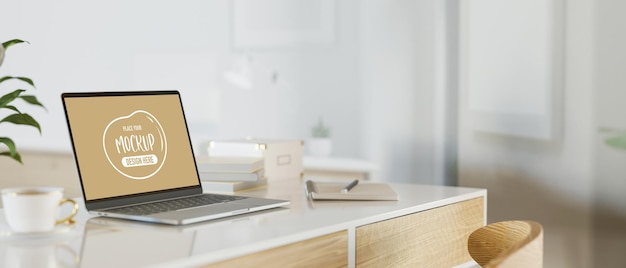 Modern workspace with mock up laptop computer, 3D rendering, 3D illustration