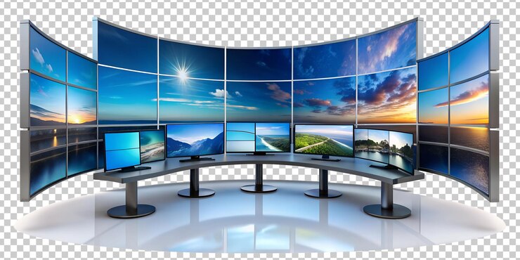 PSD modern workstation with multiple curved displays showcasing landscapes cut out transparent