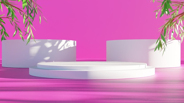 Moderne 3D-rendering hvidt podie med pink baggrund og skygge