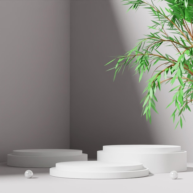 Moderne 3d-rendering podium op witte achtergrond met boom