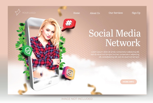 PSD moderne bestemmingspagina social media marketing postfeed met 3d-pictogrammen