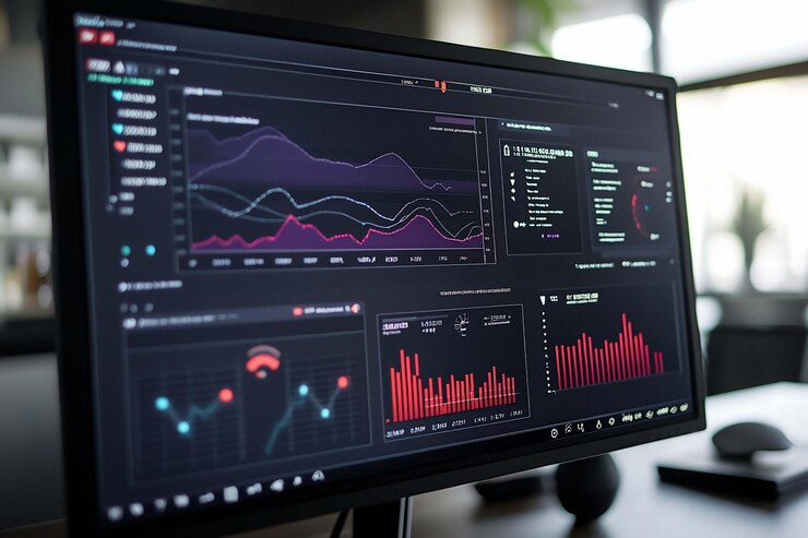 PSD moderne computermonitor met meerdere financiële grafieken en grafieken