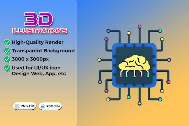 Moderne databehandlingskoncept med kunstig intelligens. 3D-rendering isoleret på transparent baggrund. Ui UX-ikon design-web og app-trend