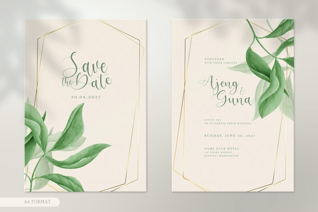 Moderne dubbelzijdige bruiloft uitnodigingssjabloon met groene bladeren aquarel ornamenten