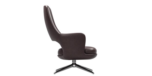 PSD moderne en luxe fauteuil van bruin leer met metalen benen geïsoleerd op witte achtergrond