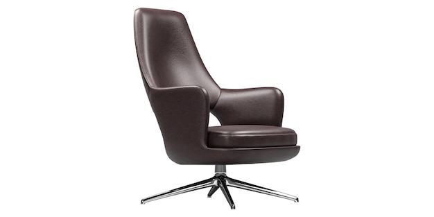 PSD moderne en luxe fauteuil van bruin leer met metalen benen geïsoleerd op witte achtergrond