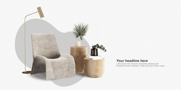 Moderne fauteuil en decoraties in 3d-rendering