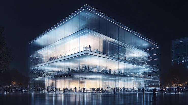 PSD moderne glazen gebouw's nachts met mensen binnen en buiten verlichte hedendaagse architectuur stedelijke omgeving