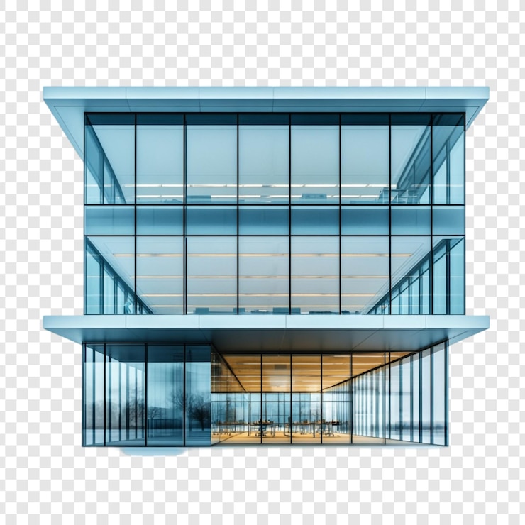 PSD moderne glazen kantoorgebouw architectonisch ontwerp twee verdiepingen transparante gevel zicht overdag