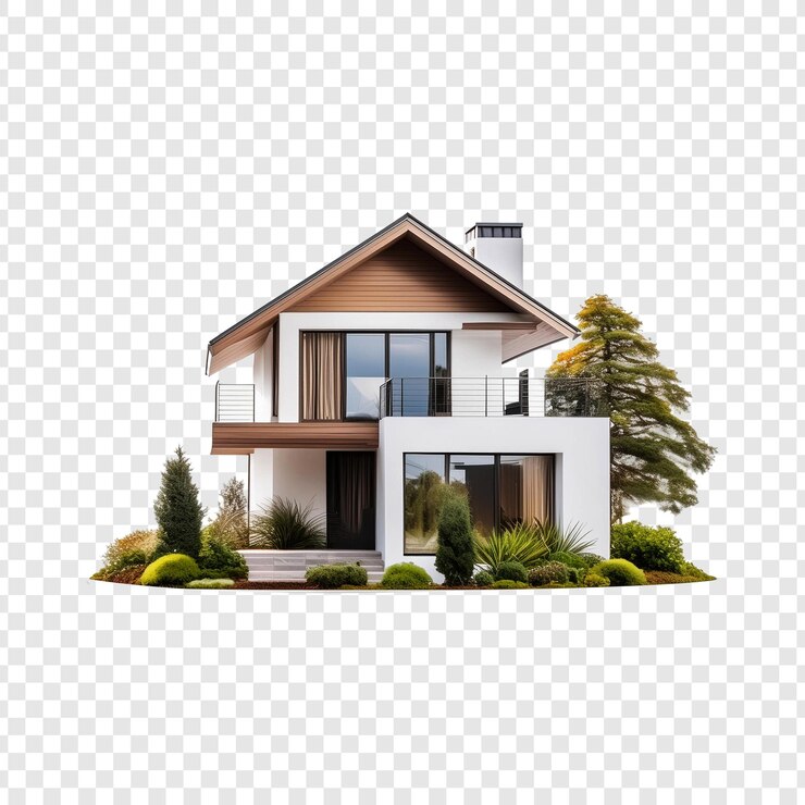 PSD moderne huis met groene boom geïsoleerd op doorzichtige achtergrond