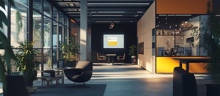 PSD moderne kantoor lobby met zonlicht planten en minimalistische meubels