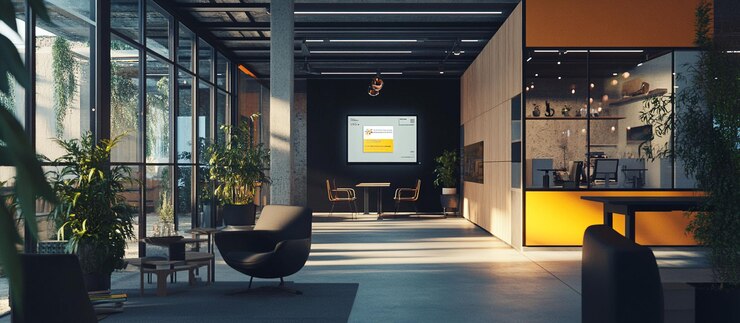 PSD moderne kantoor lobby met zonlicht planten en minimalistische meubels