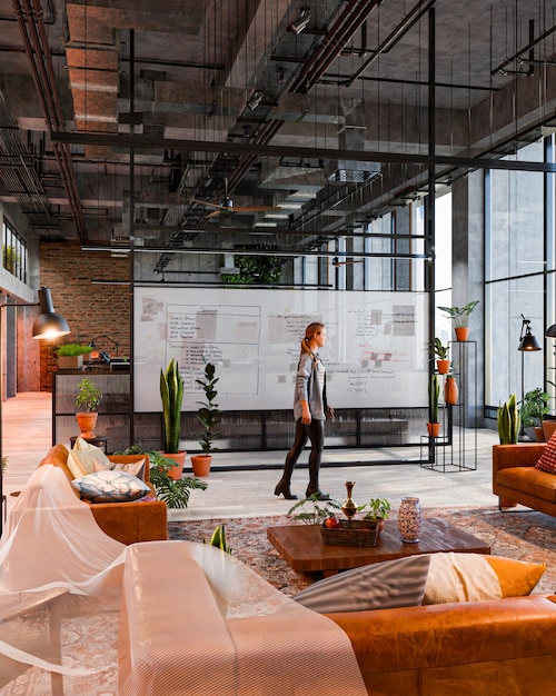 Moderne kantoorinterieur met samenwerkingsruimte