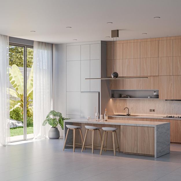 Moderne keukeninterieur met houten kasten en eiland