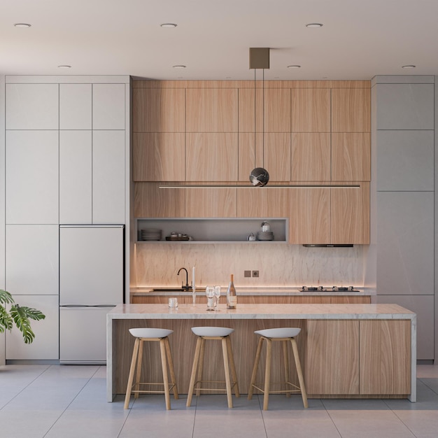 Moderne keukenontwerp met houten kasten en marmeren toonbank