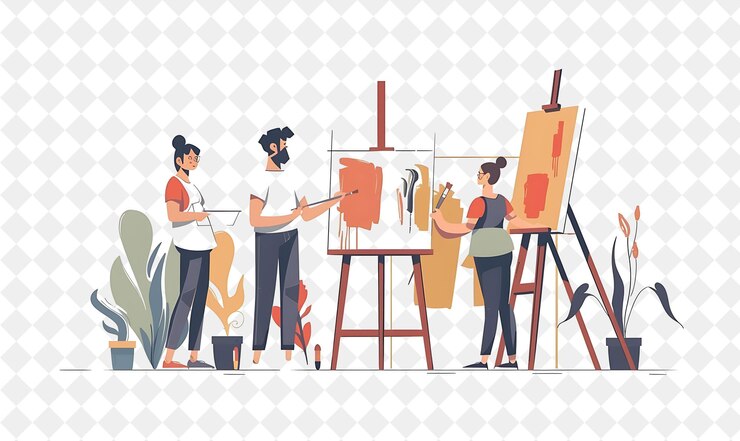 PSD moderne kunstgalerij met artiesten met een schilderij mensen levensstijl platte illustratie
