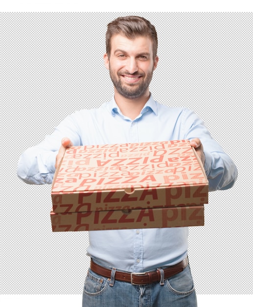 Moderne man met pizzadozen