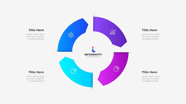 Moderne minimalistische cirkelvormige infografische sjabloon voor professionele zakelijke presentaties met 4 stappen