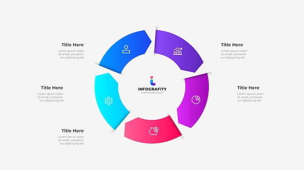 Moderne minimalistische cirkelvormige infografische sjabloon voor professionele zakelijke presentaties met 5 stappen