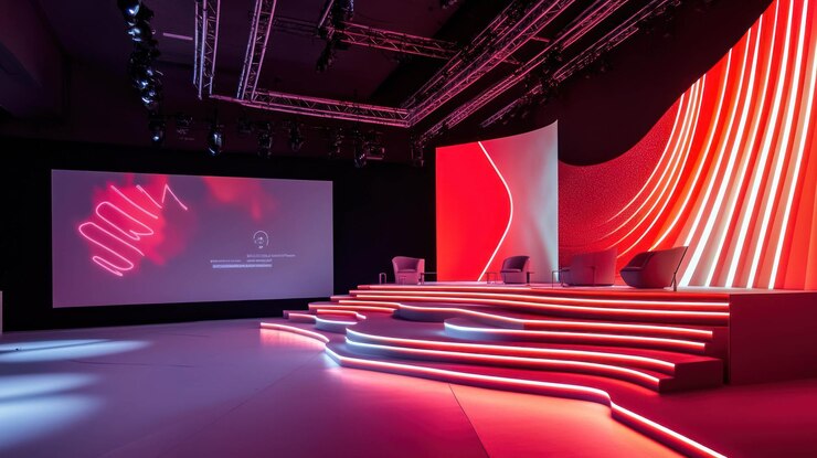 Moderne podiumontwerp met rode en witte accenten LED-verlichting en een groot scherm