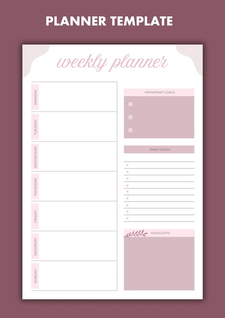 Moderne wekelijkse planner PSD Bewerkbare drukbare minimalistische ontwerp