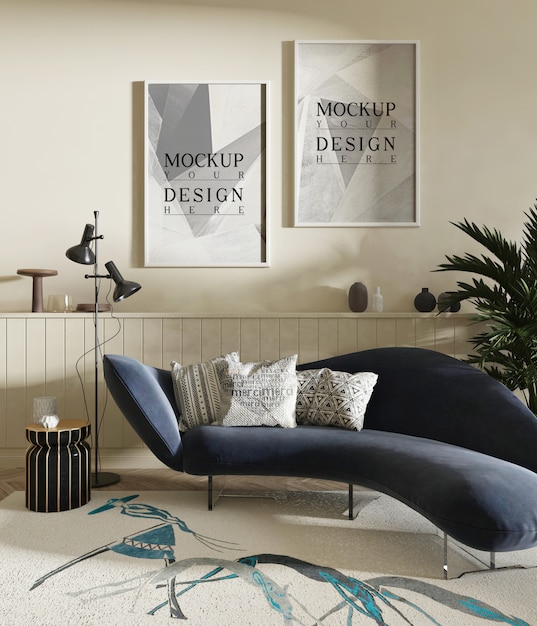 Moderne witte woonkamer met sofa en mockup frame