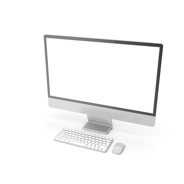 Moderne zilveren all-in-one computer setup met toetsenbord en muis