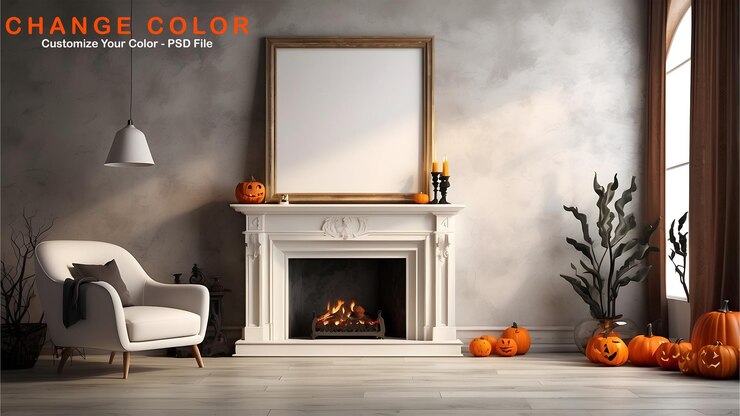 PSD modernistyczna minimalistyczna sztuka na ścianie maketa kominka w salonie na halloween pusta ramka na sztukę na ścianie