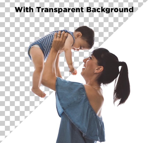Moeder die baby vasthoudt of opheft in de handen Moeder baby liefde PNG PSD geïsoleerd op doorzichtige achtergrond