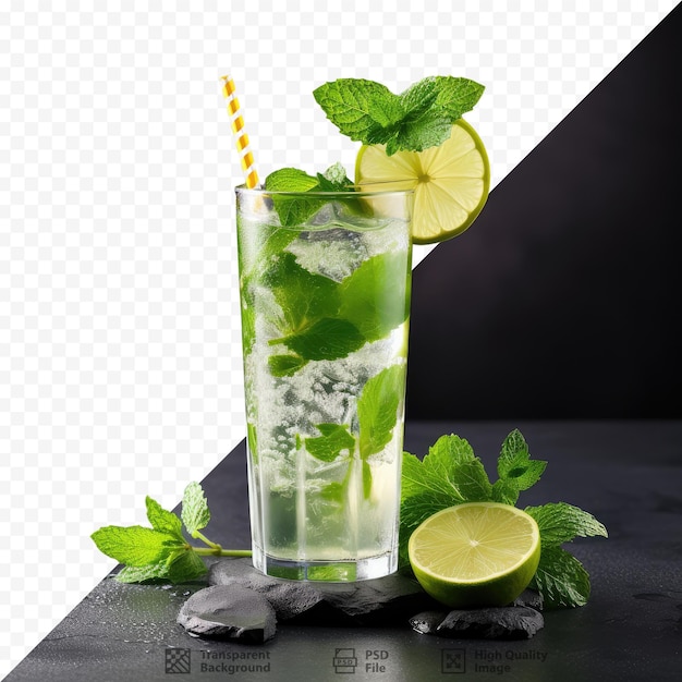 PSD mojito drink with lime and mint in glass on gray transparent background