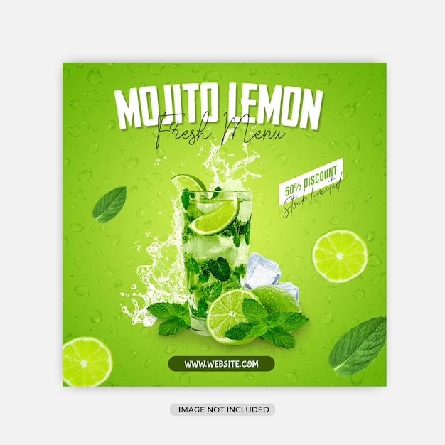 Mojito lemon menu social media square banner or instagram post template