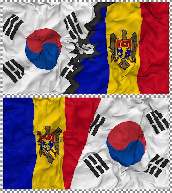 Moldavië versus Zuid-Korea Half gecombineerde vlag Cloth Bump Texture 3D Rendering