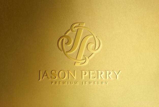 PSD molded glossy gold logo mockup on golden surface