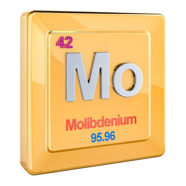 모리브덴 (Molybden) 은 주기율표에서 42번을 가진 화학 원소 표지판으로 투명한 배경에 고립된 3D 렌더링입니다.