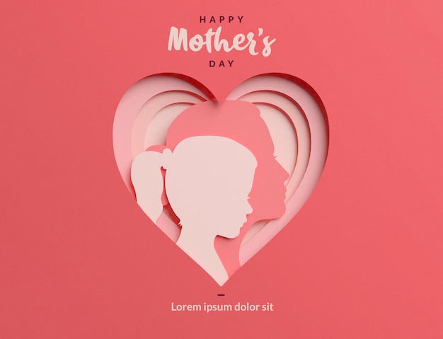 PSD mom and daughter papercut silhouettes inside a heart template