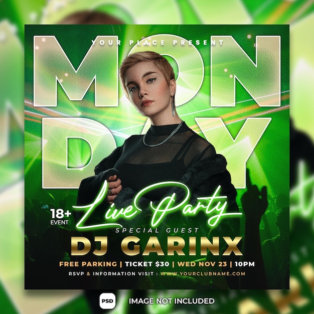 PSD monday party poster dj party social media post