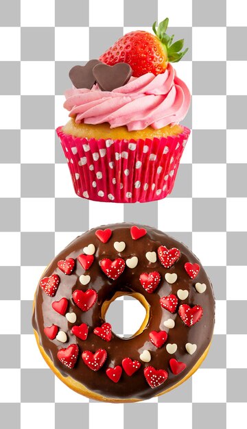 PSD mondwaterend vers aardbeien frosting cupcake met hart sprinkles chocolade geglazuurde donut