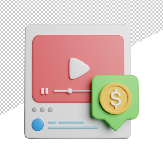 Monetize content video front view 3d rendering icon illustration on transparent background
