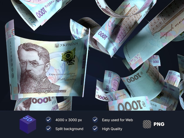 PSD money background. one thousand hrivna of ukraine. hrn cash money falling.