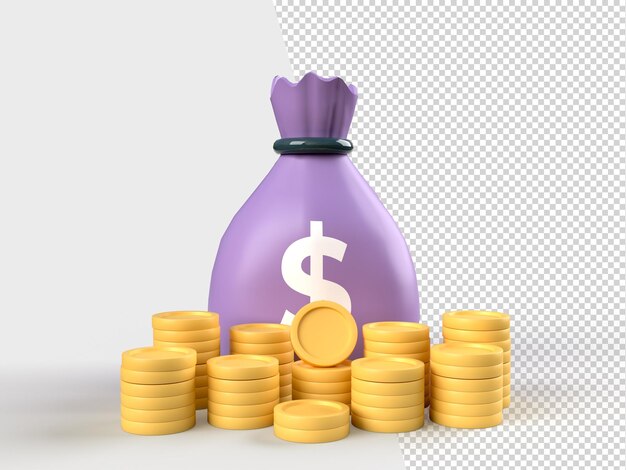 Money bag golden penny cash mucchio risparmio di denaro profitto investimento ricompensa concetto 3d renderingxa