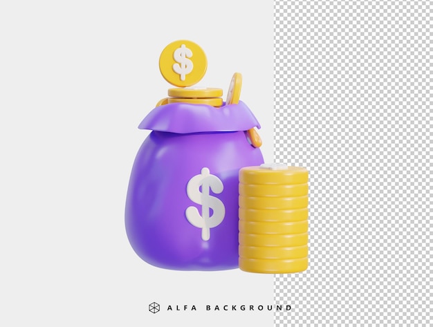 Money bag with golden coins stack isolated on light background money saving icon illustration