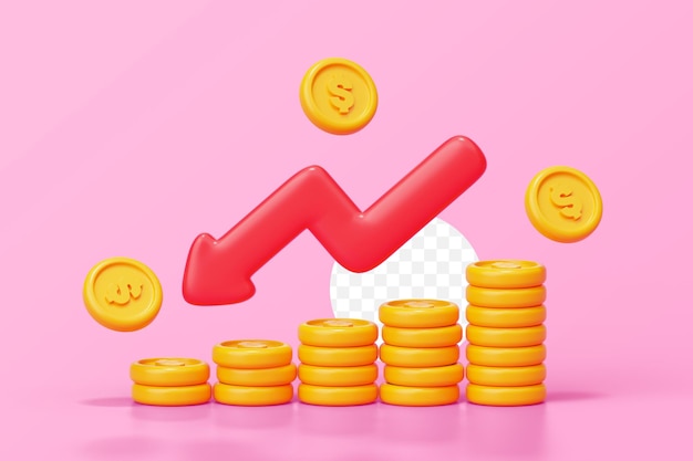 PSD money coin with red down arrow loss growth business and finance concept 3d background illustration