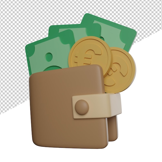 Money euro on wallet side view 3d rendering illustration icon transparent background