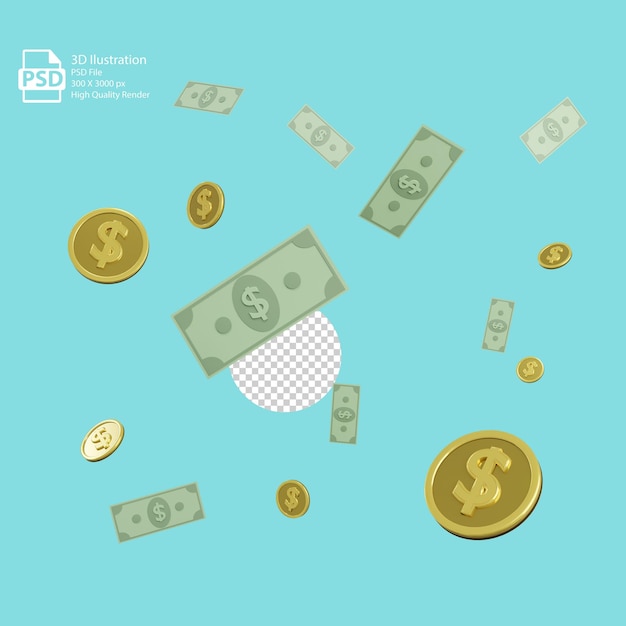 PSD money flying icon random 3d rendering