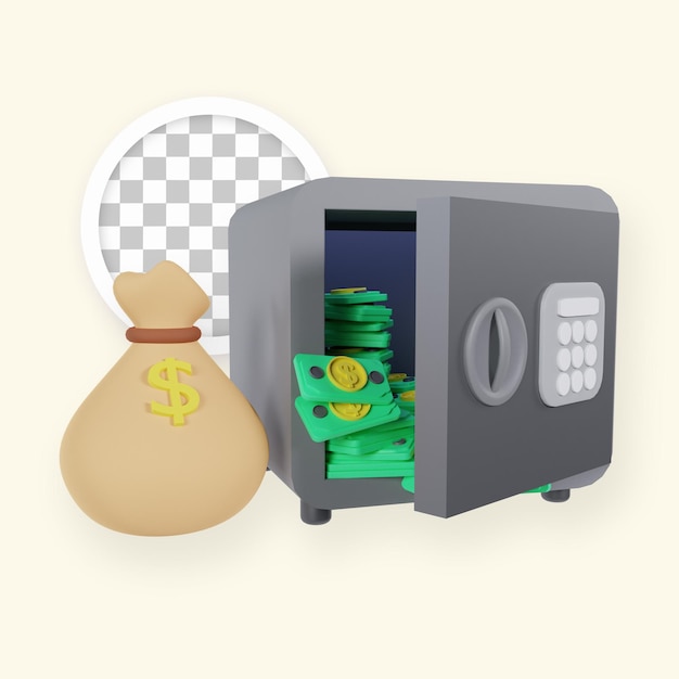 お金の袋の 3 d イラストレーションとお金の金庫