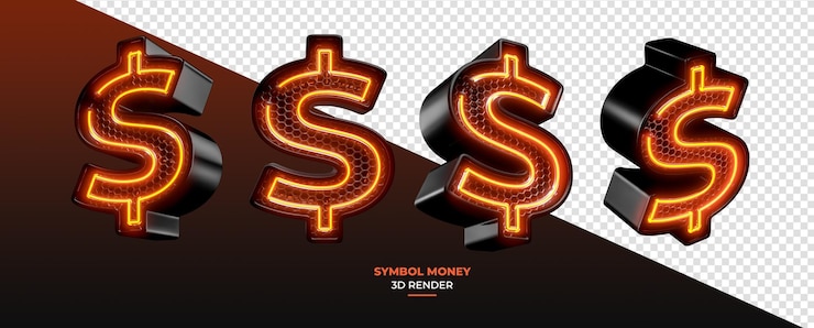 PSD 透明な背景にネオンを使用した 3d レンダリングのお金のシンボル
