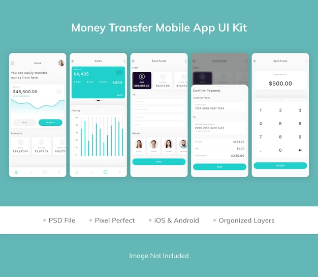 PSD kit dell'interfaccia utente dell'app mobile per il trasferimento di denaro