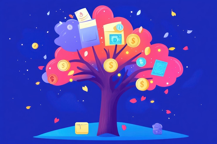 PSD money tree with falling coins and documents symbolizing financial growth and wealth