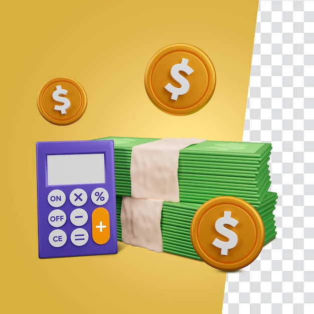 コインと電卓の3Dレンダリングでお金