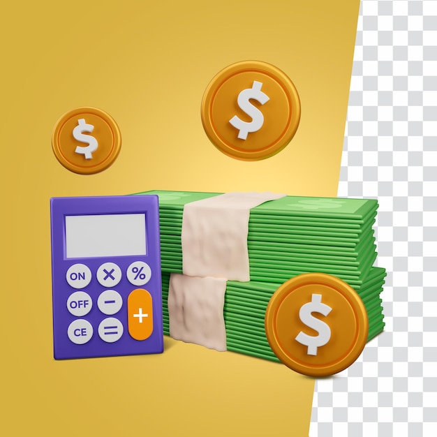 Money with coins and calculator 3d rendering